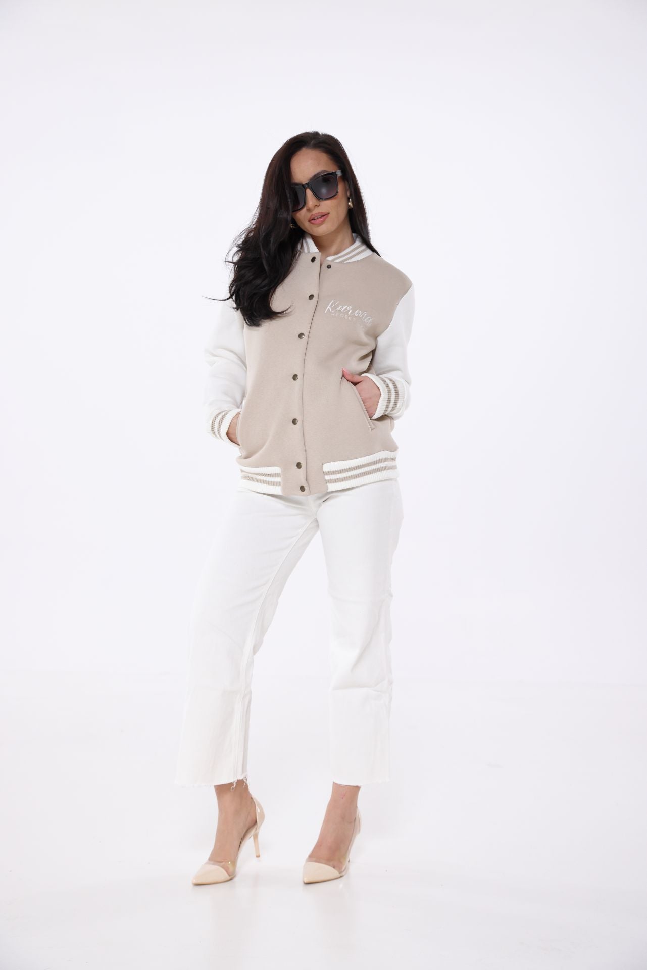 KILA kuschelige Sweat Collagejacke "Karma regelt das" Stitching